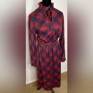 Vintage Red & Blue tartan plaid long sleeve midi dress ruffle, belt, pockets 14